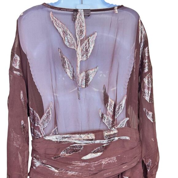 New ASOS DESIGN Wrap Mini Dress Mocha Gold Metallic Floral Sheer Back Sz 14 - Picture 6 of 9